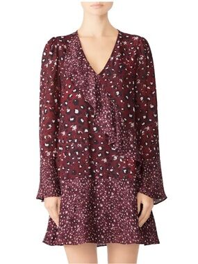 Parker Womens Kimberly Bell Sleeve Leopard Print Flounce Dress Silk Blend Size S